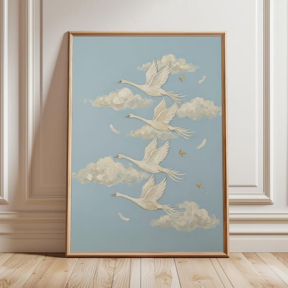Swan Wall Art Print Cottagecore Bird Illustration Flying Swans Baby Room Poster Neutral Nursery Decor Calm Printable Digital Download