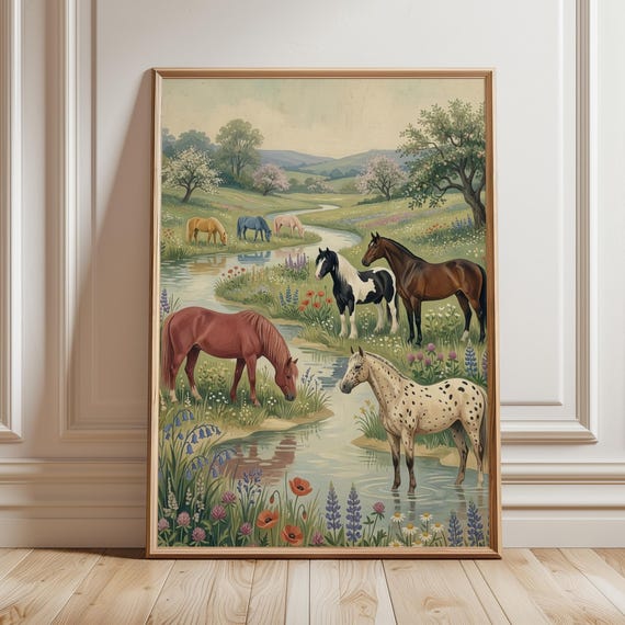 Vintage Horse Meadow Print Cottagecore Wildflower Landscape Wall Art Equestrian Nursery Poster Farmhouse Country Decor Digital Download