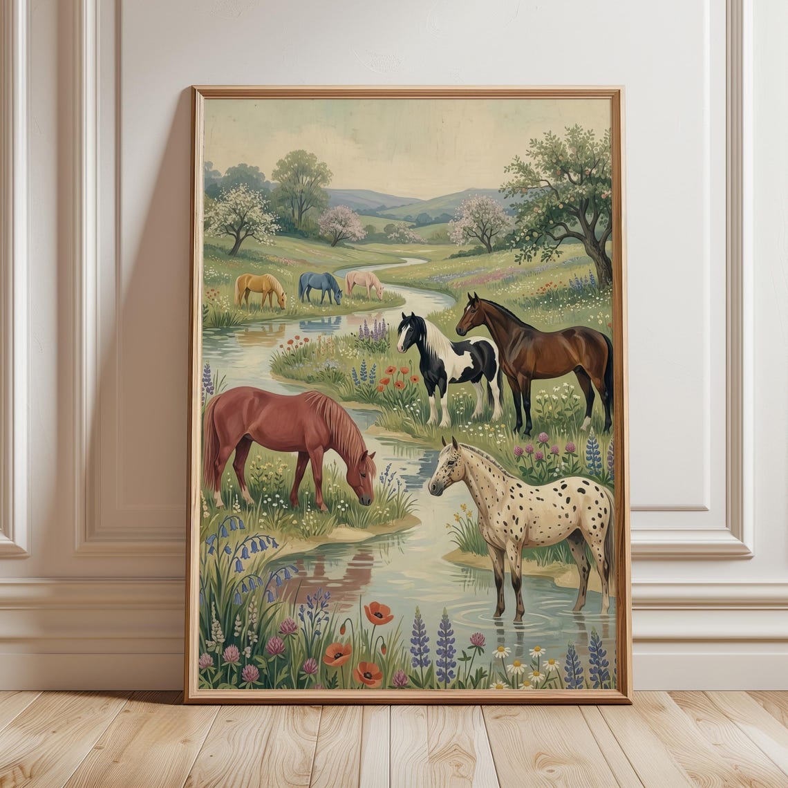 Peaceful Wild Horses Stream Wildflower Meadow Vintage Art Poster
