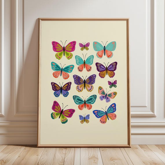 Colorful Butterfly Folk Art Decor Maximalist Nature Poster Cottagecore Nursery Scandinavian Botanical Print Digital Download
