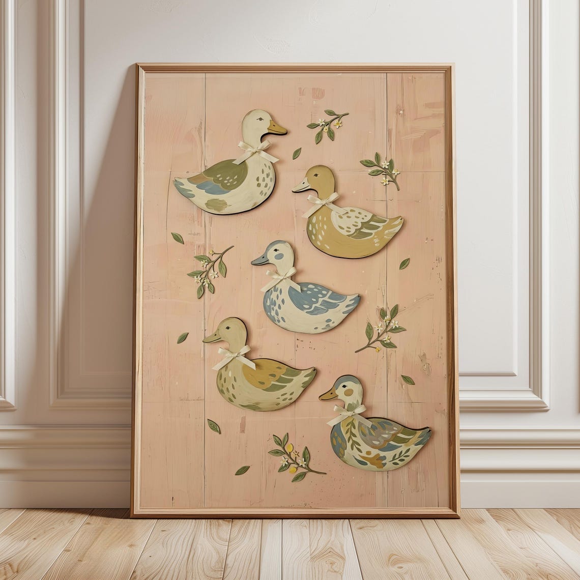 Cute Pastel Ducks with Bows on Pink Wood Nursery Artwork Poster