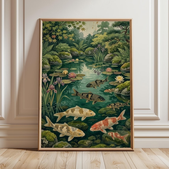 Koi Fish Lily Pond Japanese Garden Tranquil Watercolor Art Poster