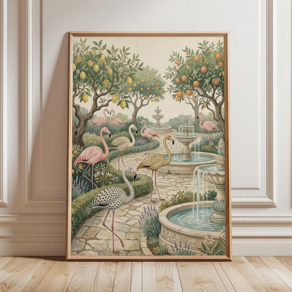 Whimsical Flamingo Garden Wall Art Citrus Grove Botanical Print Tropical Bird Poster Vibrant Summer Home Decor Retro Mediterranean Paint