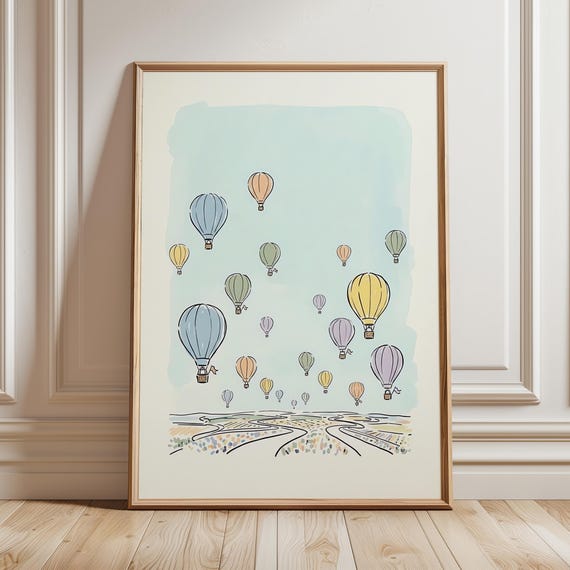 Hot Air Balloon Nursery Wall Art Whimsical Kids Room Decor Gender Neutral Baby Print Dreamy Shower Gift Soft Pastel Adventure