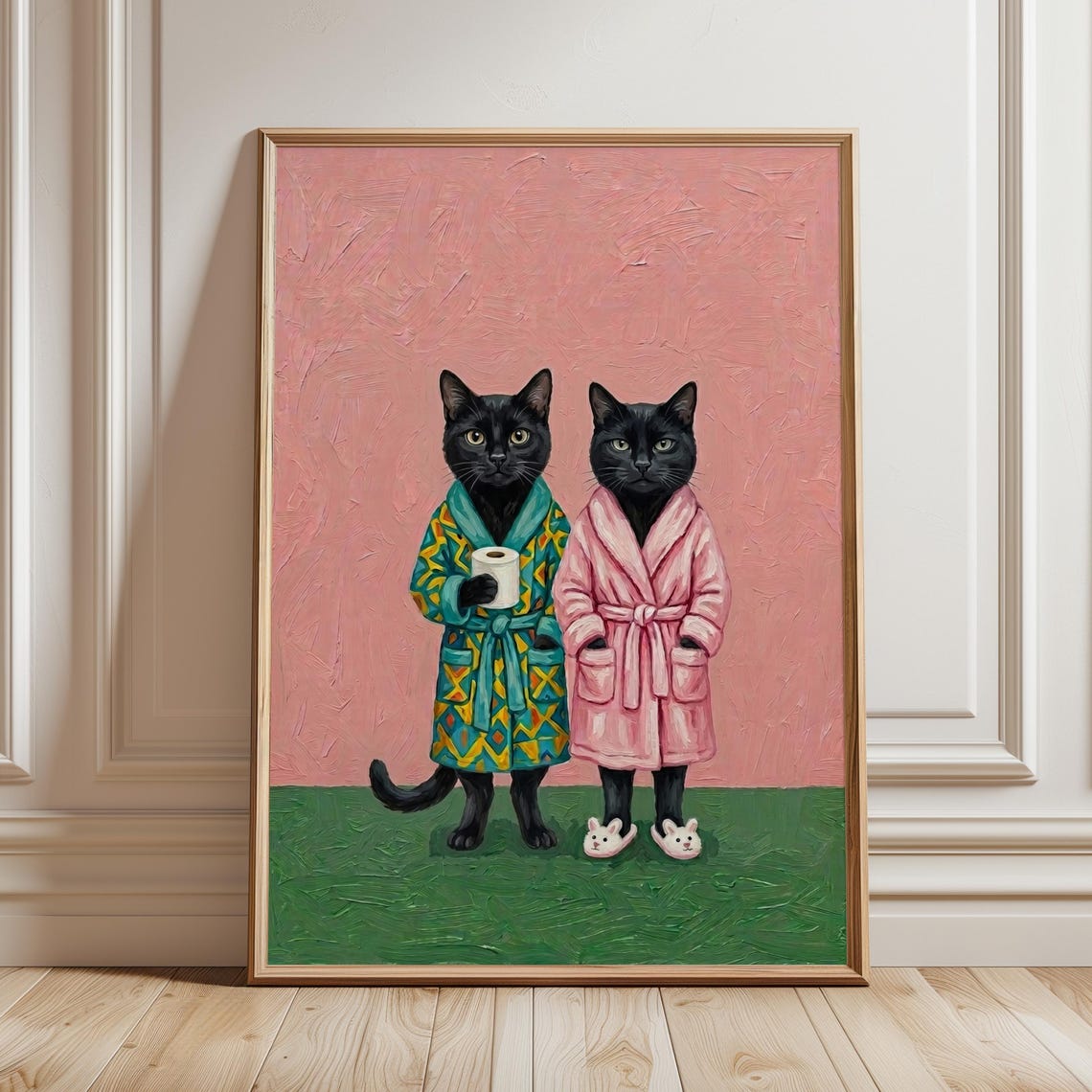 Funny Black Cats In Bathrobes Pink Quirky Bathroom Art Poster