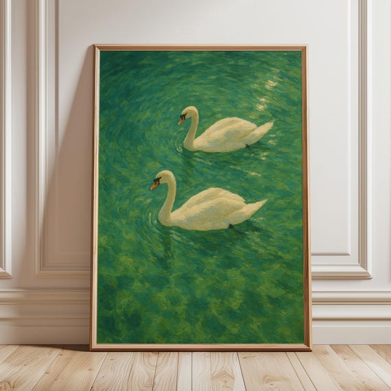 Swans Swimming, Vintage Retro Minimalist Art Print