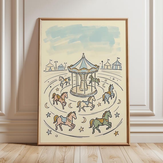 Carousel Horse Print Vintage Nursery Decor Whimsical Pony Painting Neutral Baby Room Poster Cottagecore Kids Wall Art Digital Download