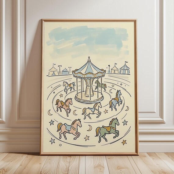Vintage Carousel Horses Whimsical Nursery Line Illustration Poster