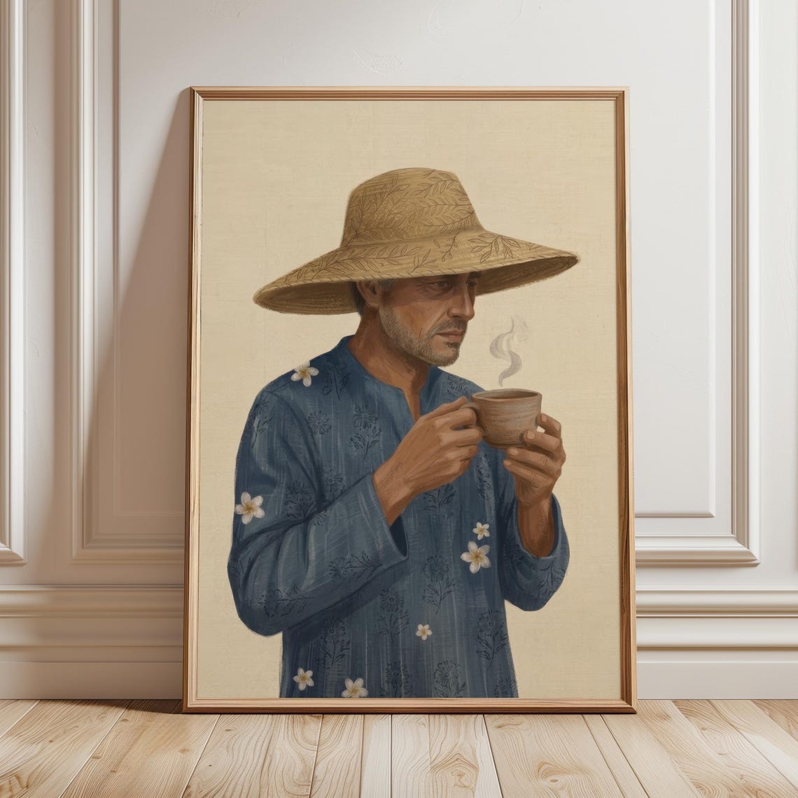 Man Straw Hat Drinking Tea Calm Rustic Botanical Portrait Wall Art