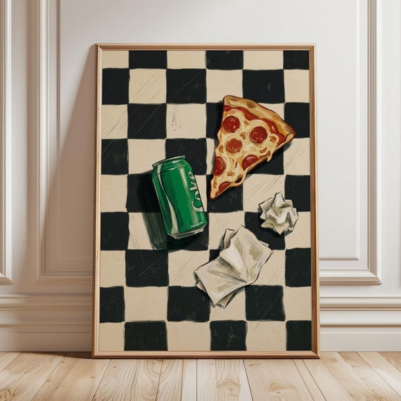 Italian Pizza Soda Still Life Print Moody Checkered Kitchen Wall Art Funky Food Poster Quirky Foodie Apartment Decor Digital Download