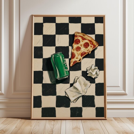 Pepperoni Pizza Slice Soda Cute Retro Checkerboard Kitchen Print