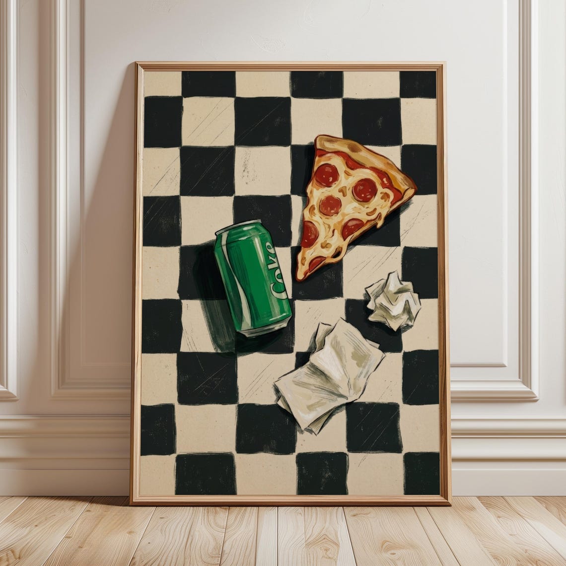 Pepperoni Pizza Slice Soda Cute Retro Checkerboard Kitchen Print