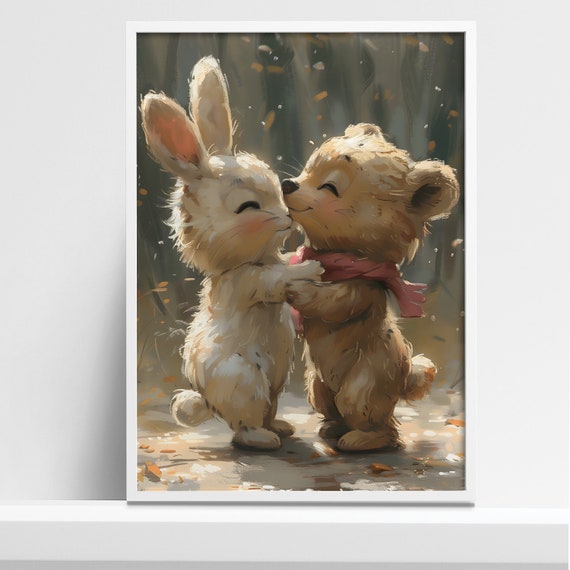 Adorable Bunny and Bear Giclee Art Print, Nursery Decor