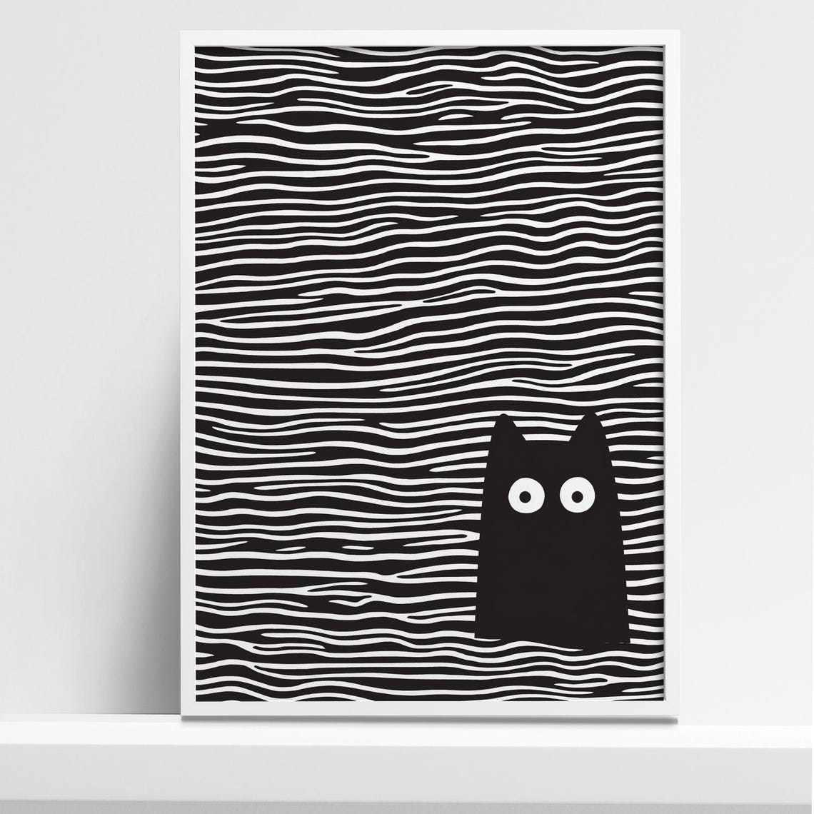 Black Cat Silhouette in Black and White Wavy Line Art Poster