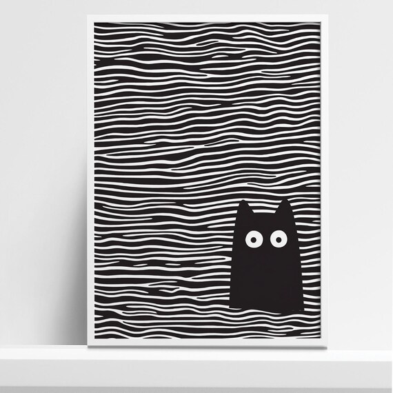 Black Cat Silhouette in Black and White Wavy Line Art Poster