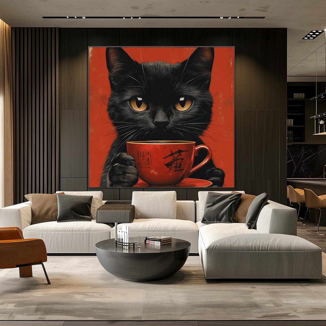 Black Cat Holding a Red Japanese Tea Cup Vintage Style Poster - Image 3