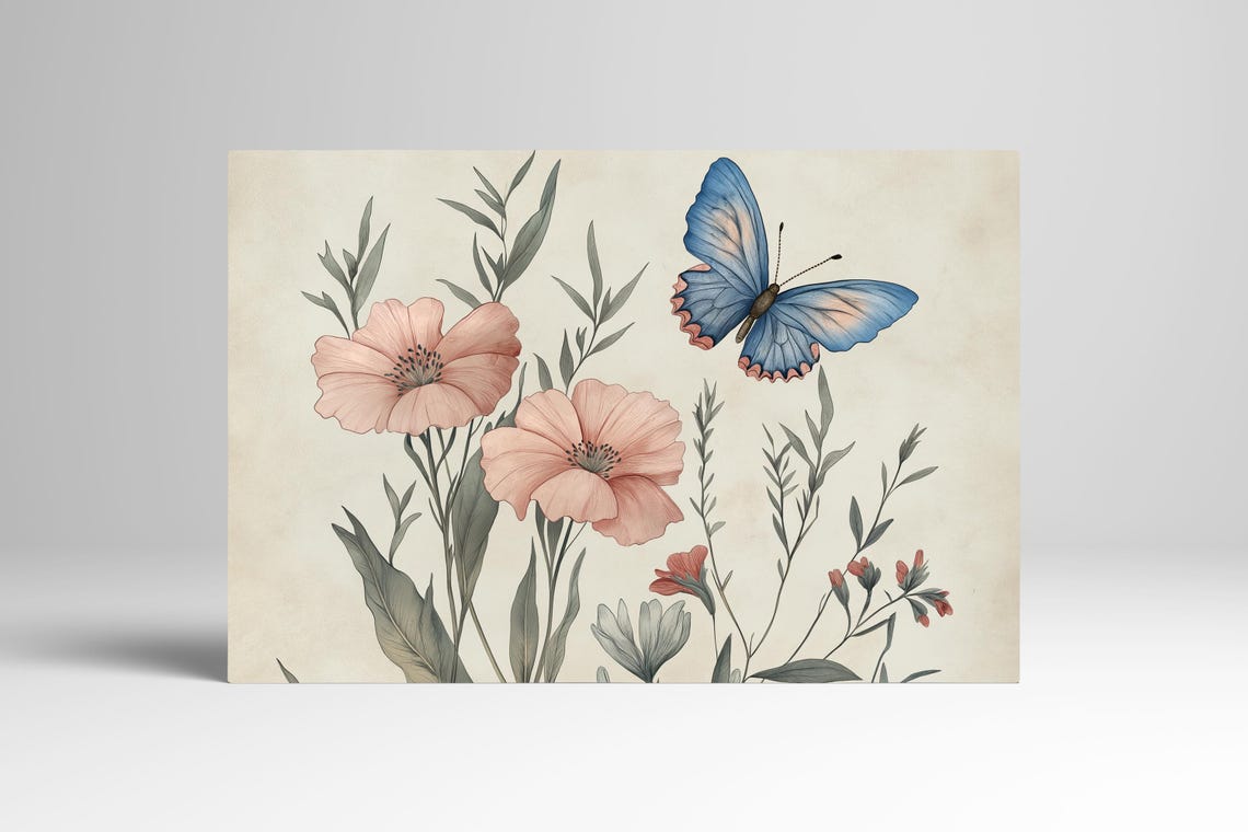 Vintage Botanical Pink Wildflowers and Blue Butterfly Poster - Image 3