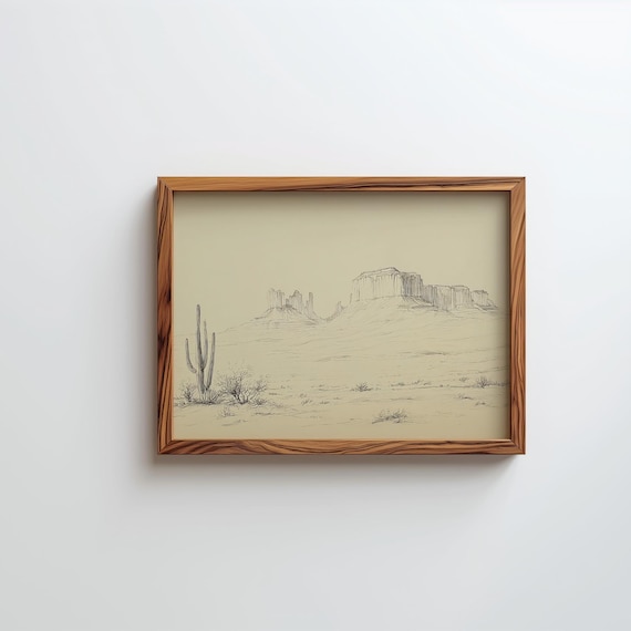 Arizona Desert Mesa Cactus Minimalist Pencil Line Sketch Poster