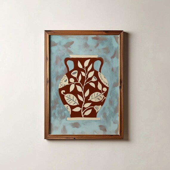 Rust Red Pottery Vase Botanical Folk Art Print Blue Background Decor