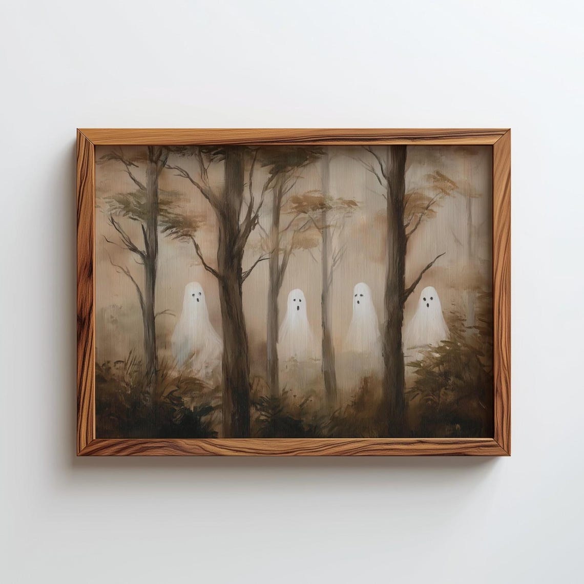 Four White Sheet Ghosts Among Foggy Trees Halloween Painting Poster