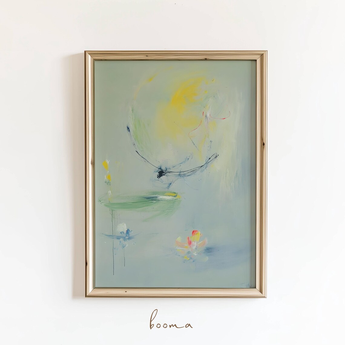 Pastel Abstract Painting Sage Green Yellow Sun Art Poster Booma