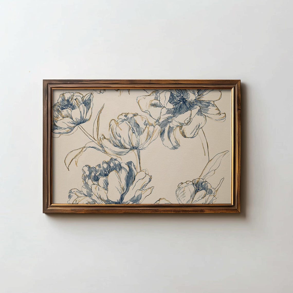 Blue Ink Floral Sketch Beige Vintage Botanical Tulip Wall Art Decor