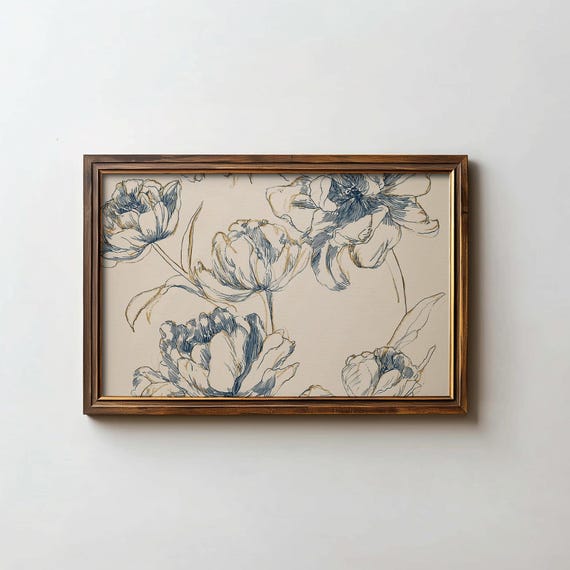 Floral Art Blue And Beige Print Cottagecore Flower Wall Digital Download
