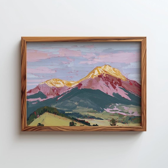 Pink Sunset Alpine Peaks Painterly Mountain Landscape Art Poster