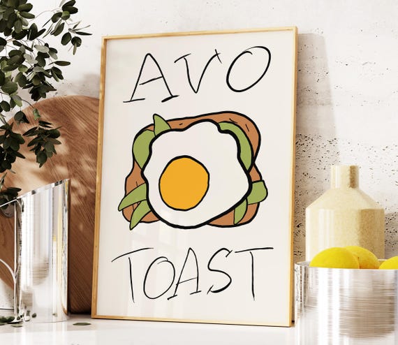 Avocado Toast Poster Retro Art Print Trendy Kitchen Wall Fruit Market Illustration Food Brunch Hand Drawn