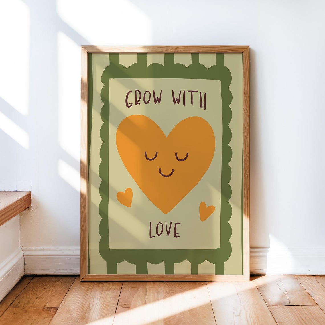 Grow With Love Smiling Orange Heart Cute Nursery Quote Poster