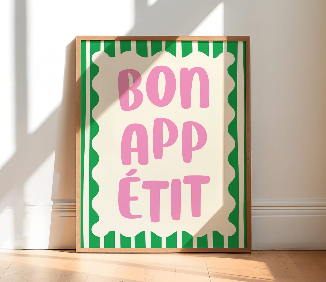Bon Appetit Retro Kitchen Typography In Pink And Green Poster