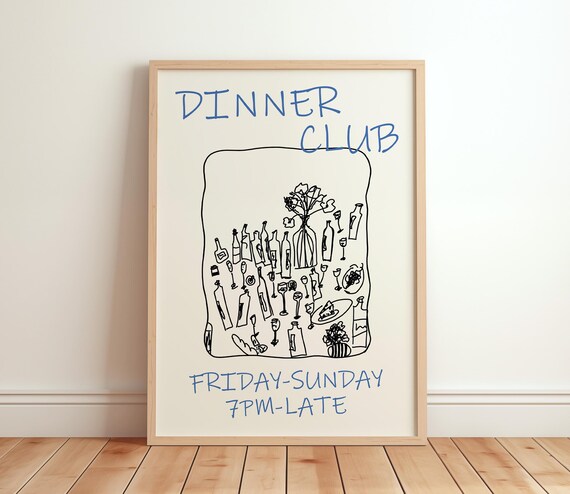 Dinner Club Friday Sunday Hand Drawn Dining Table Art Poster
