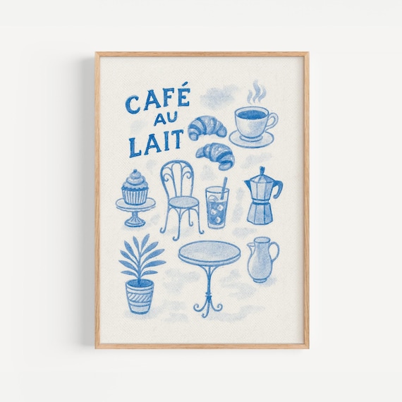 Cafe au Lait Blue French Coffee Culture Charming Kitchen Poster