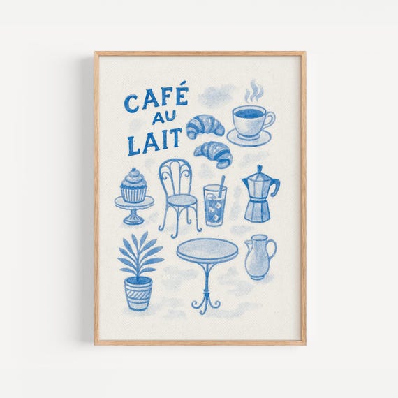 Cafe Au Lait Print Retro Coffee French Breakfast Poster Cottage Core Decor Kitchen Wall Art Bar Home