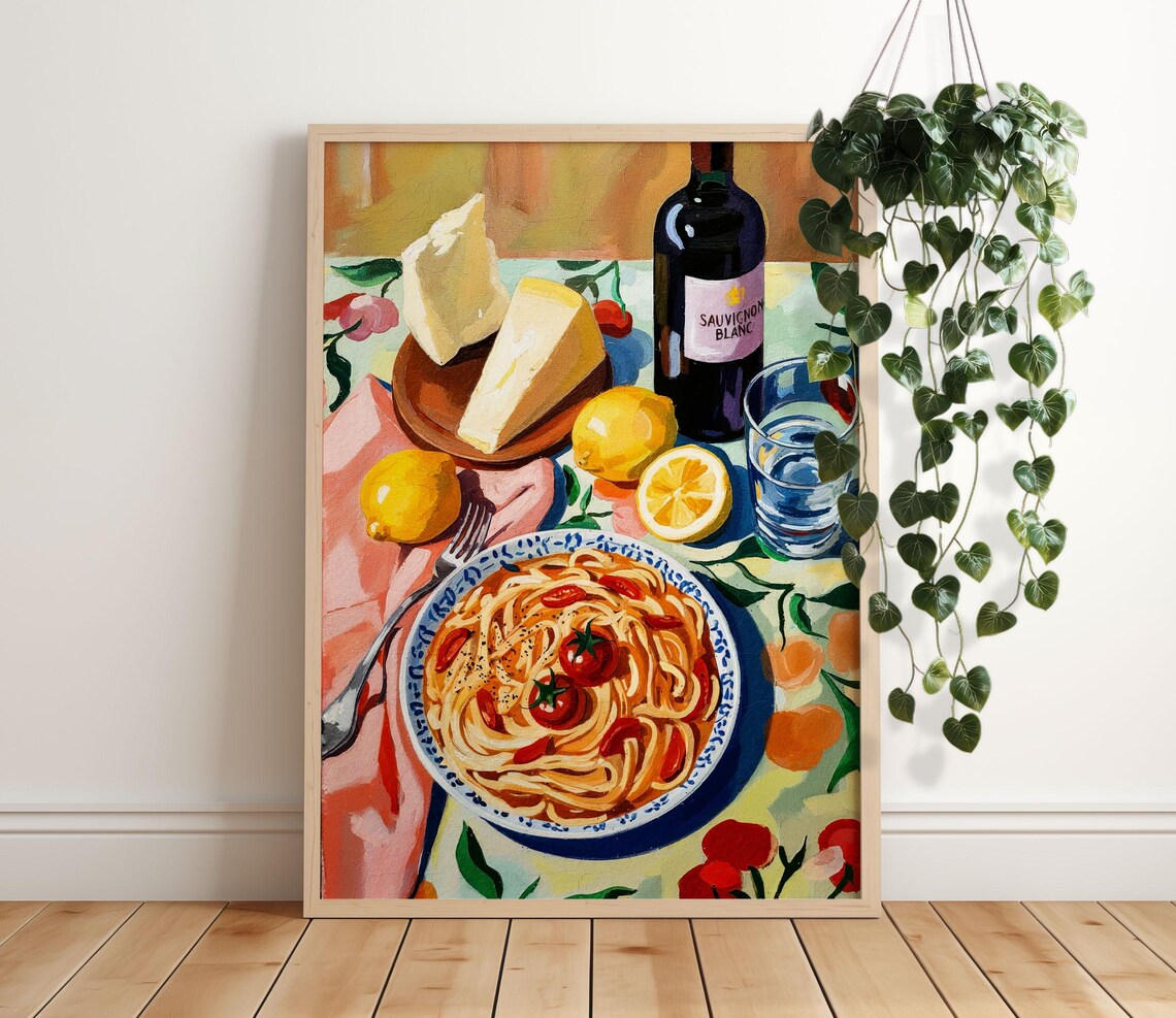 Pasta And Wine Wall Art Print Retro Dinner Table Poster Kitchen Or Dining Room Decor Italian Food Illustration