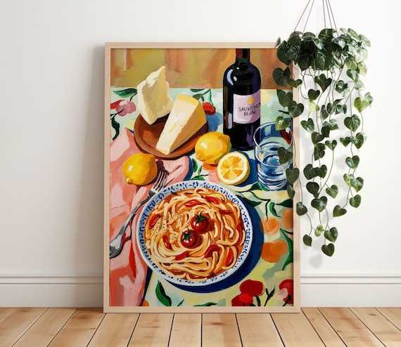 Pasta And Wine Wall Art Print Retro Dinner Table Poster Kitchen Or Dining Room Decor Italian Food Illustration