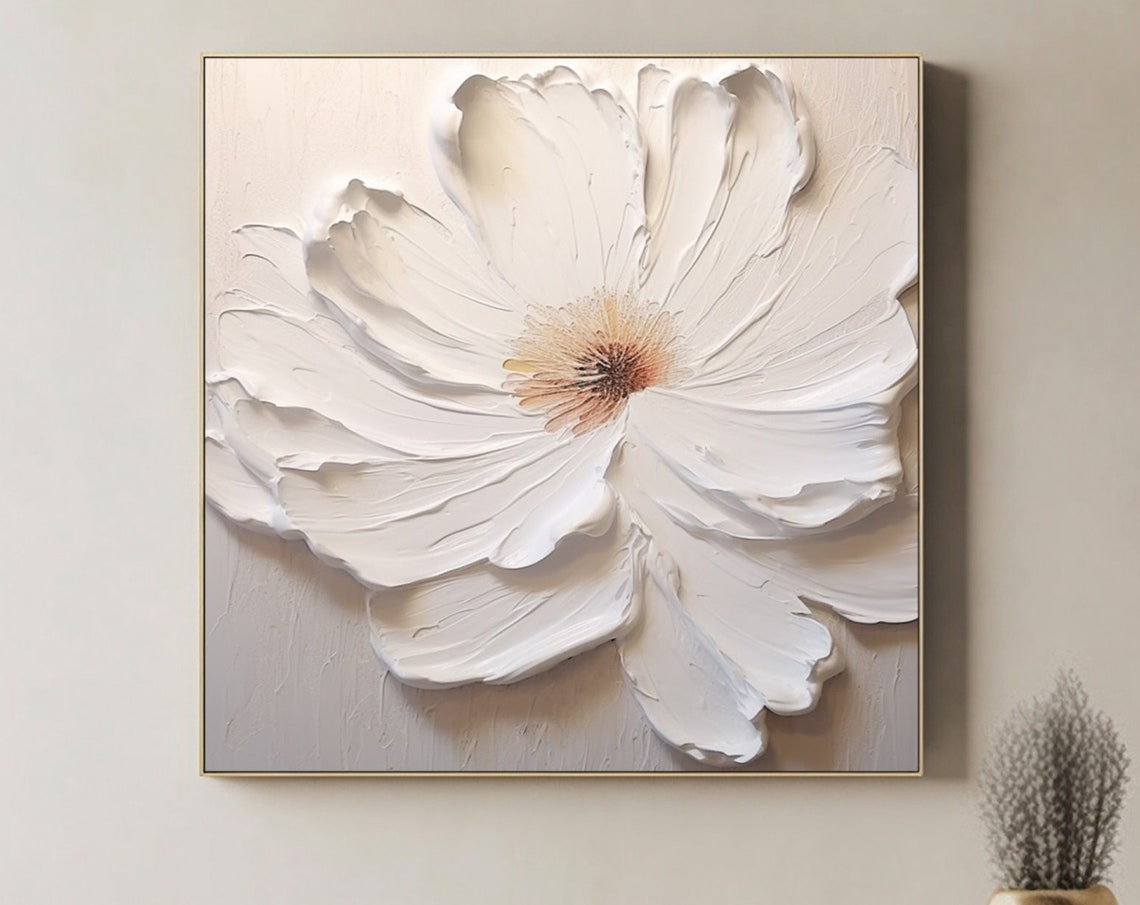 Sculptural Large White 3D Impasto Flower Textured Floral Art Poster