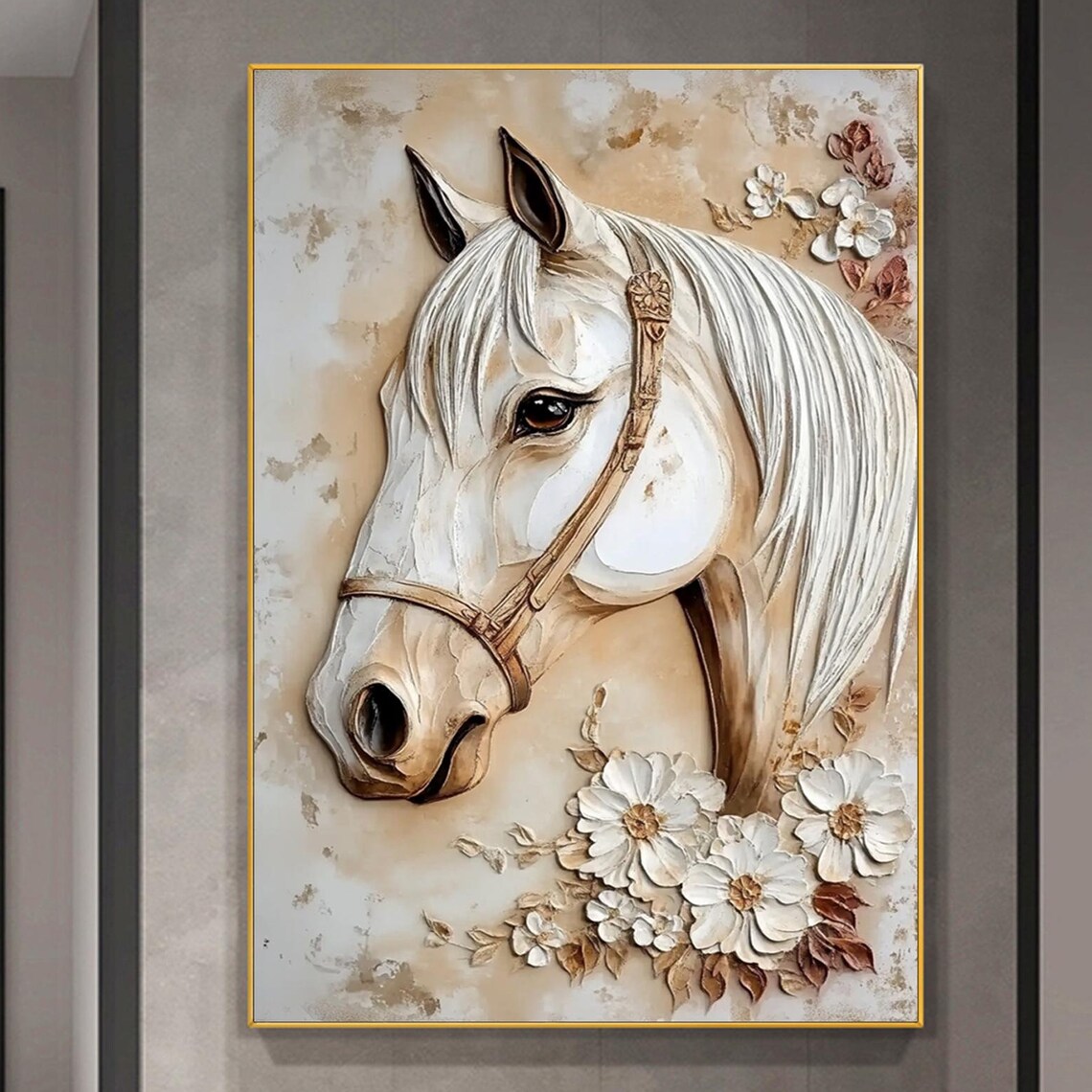 White Horse Head Floral Relief Elegant Sculpted Equine Portrait Poster