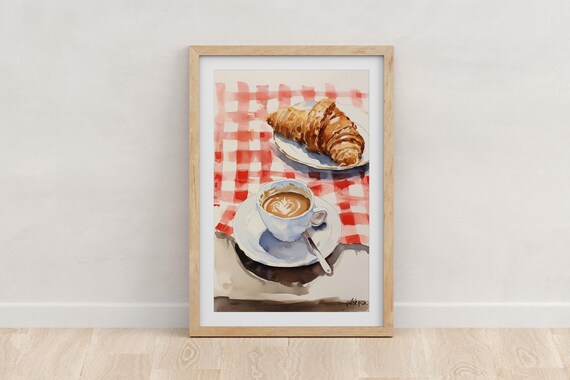 Coffee And Croissant Watercolour, Kitchen Poster