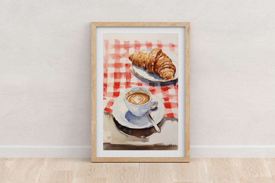 Coffee And Croissant Watercolour, Kitchen Poster