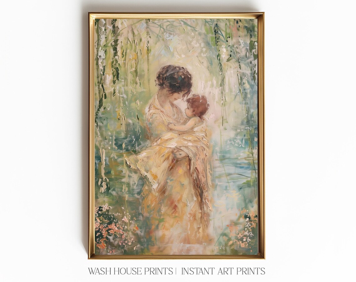 Mother Holding Child in Impressionist Garden Painting Poster - Image 3