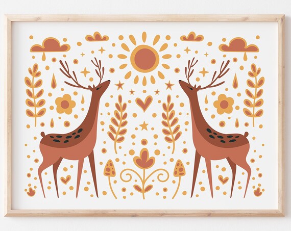 Folk Art Deer Stag Pair Scandinavian Folk Style Woodland Poster