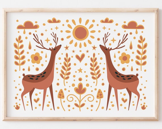 Folk Style Deer Print Enchanting Decor Nursery Poster Nature Wild Animals Whimsical Scandi Artwork Sunshine Plants Flowers Woods