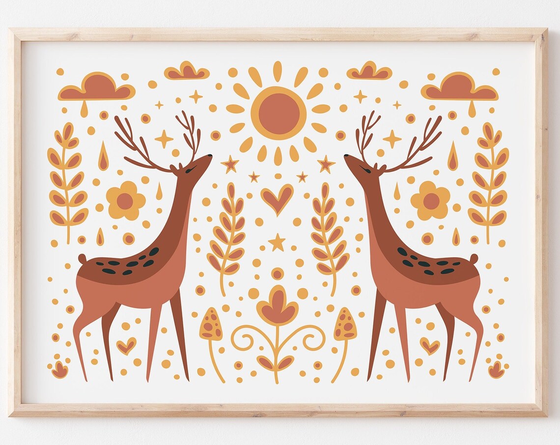 Folk Art Deer Stag Pair Scandinavian Folk Style Woodland Poster