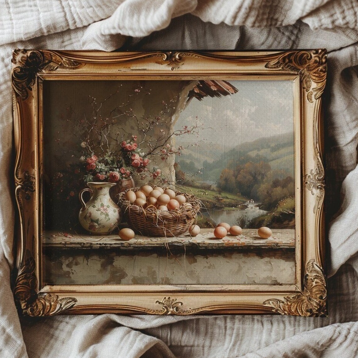 Basket Of Farm Eggs With Floral Pitcher Cottage Still Life Poster