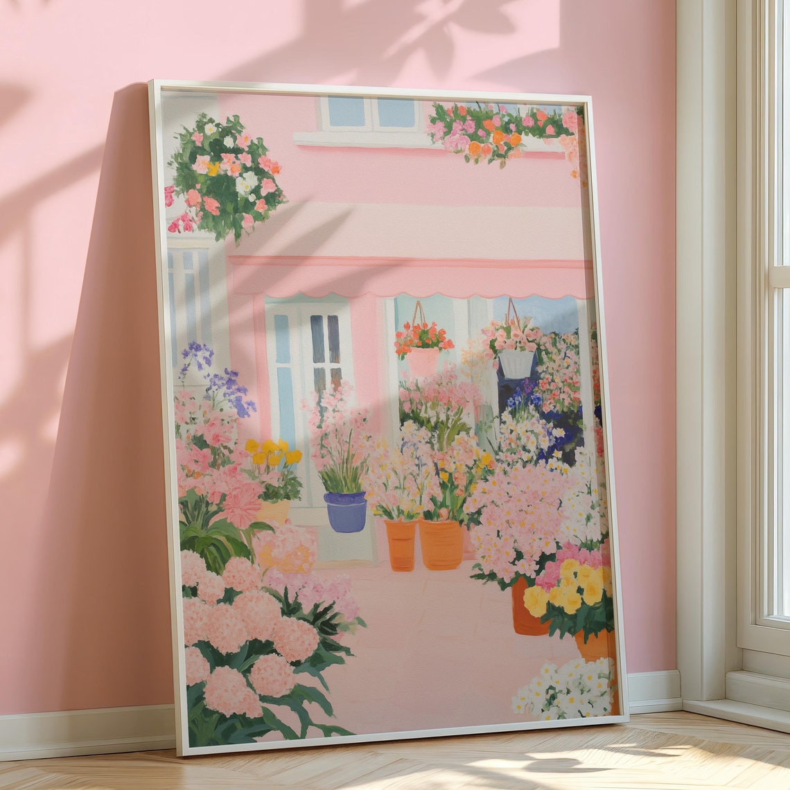 Pink Flower Shop Storefront Painting Hanging Baskets Floral Poster