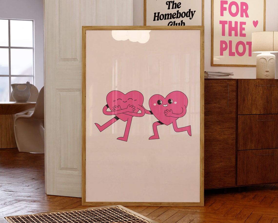 Two Pink Hearts Hugging Cute Cartoon Love Valentine Day Poster - Image 3