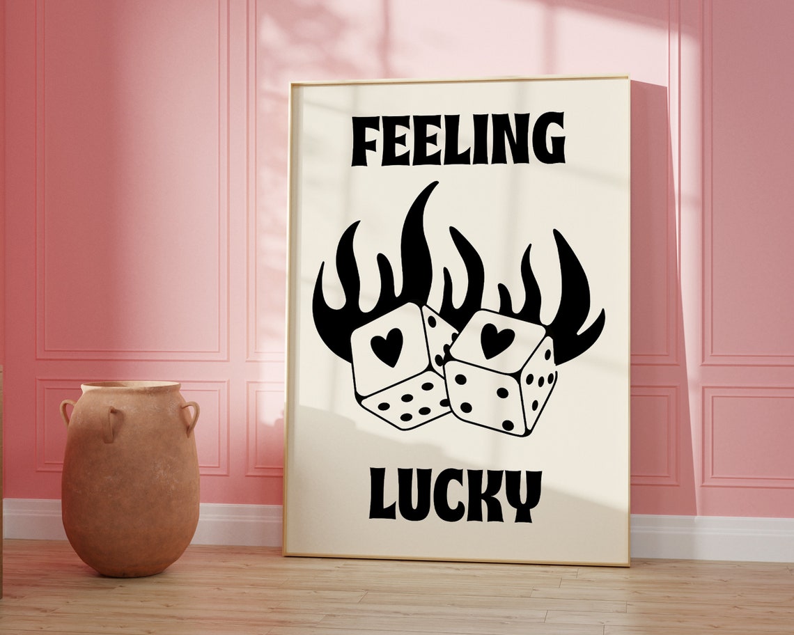 Feeling Lucky Flaming Dice Black Graphic Casino Game Art Poster