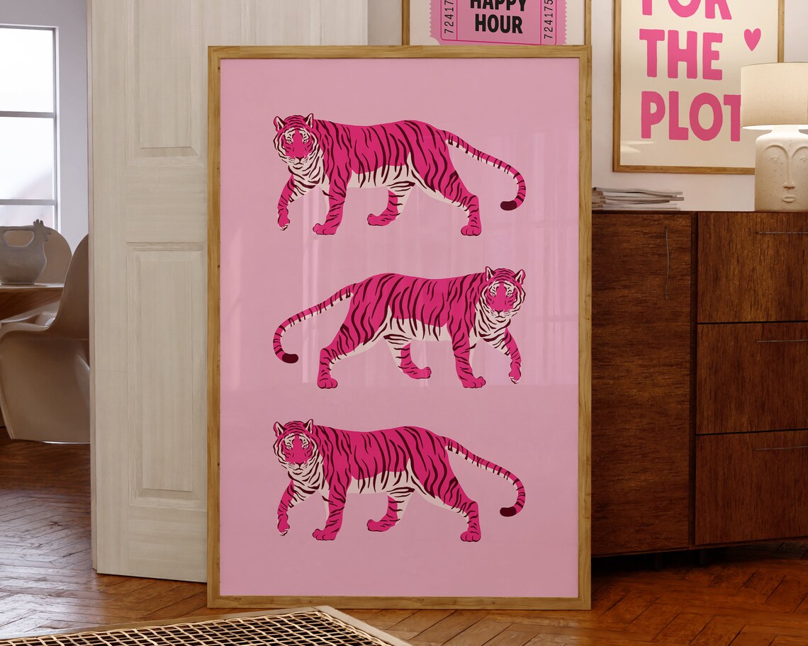 Pink Tigers Trio Bold Hot Pink Preppy Tiger Illustration Poster