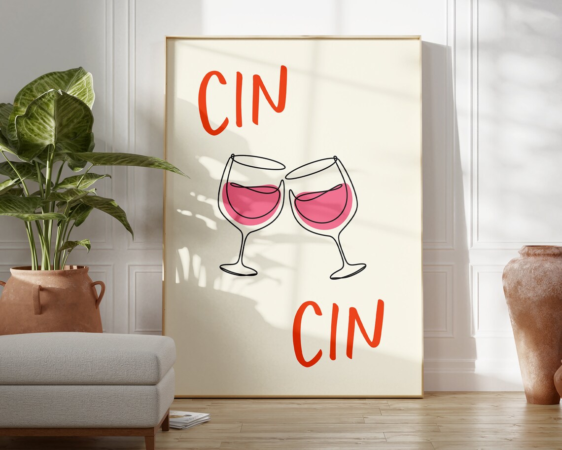 Cin Cin Cheers Wine Glasses Pink Minimalist Bar Toast Poster - Image 3